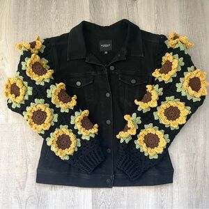 Liverpool Jeans Co Upcycled Black Jean Jacket with Sunflower Crochet Sleeves